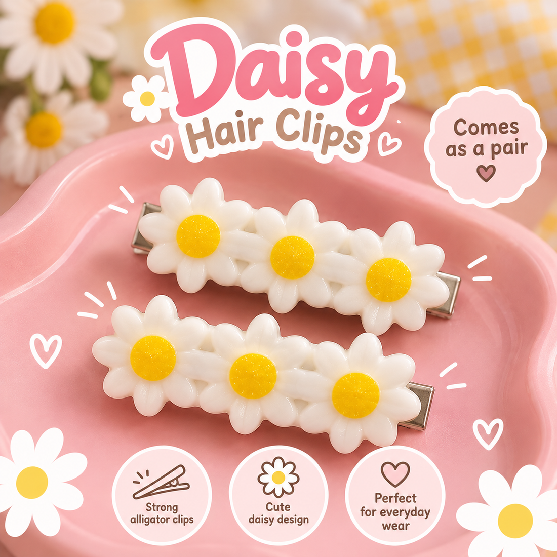 Pair of white and yellow daisy crocodile hair clips