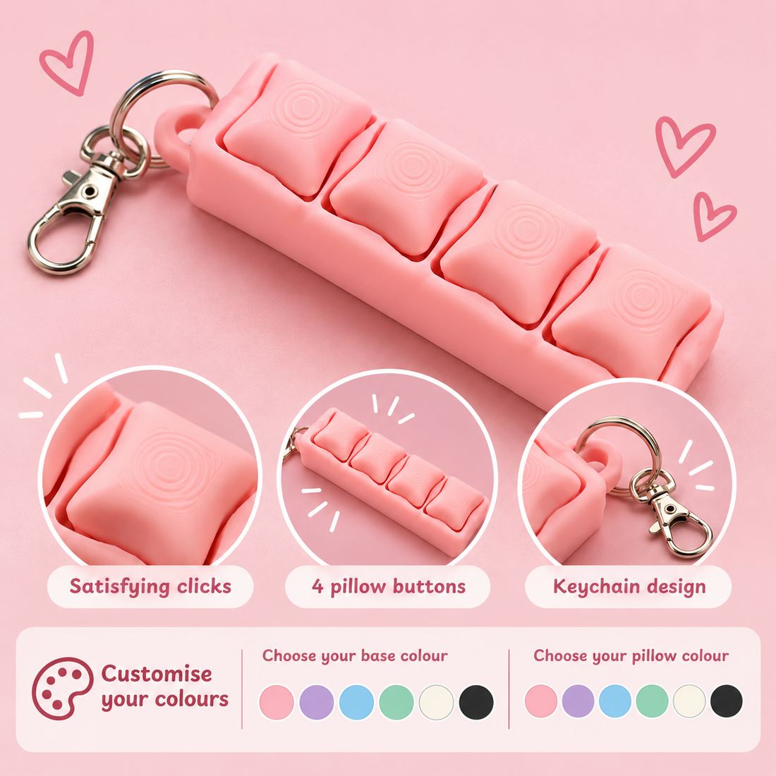Customisable four-pillow clicker keyring with separate base and pillow colours