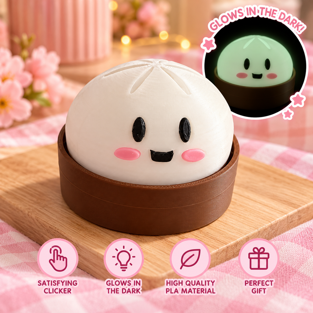 Large glow-in-the-dark dumpling clicker with pink cheeks and brown base