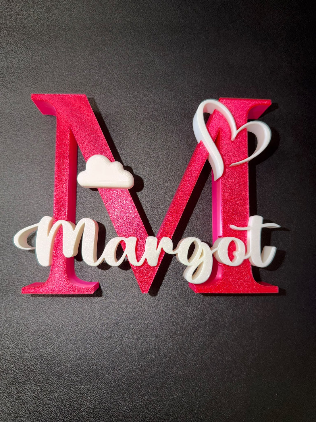 Personalised pink M initial and white Margot name standalone 3D printed sign