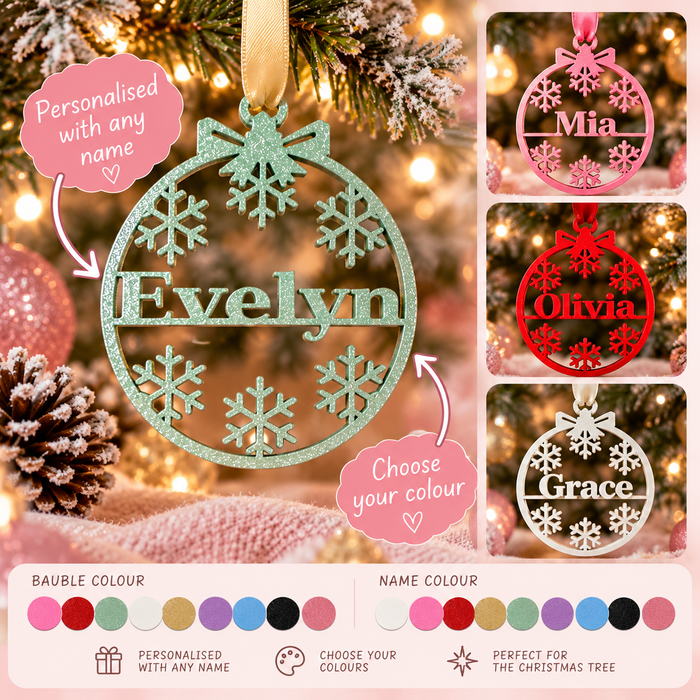 Four personalised snowflake ornaments, choose different names and colours