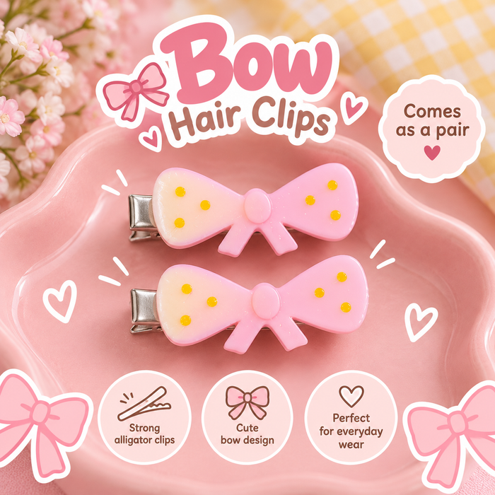 Pair of pink bow crocodile hair clips with yellow polka dots