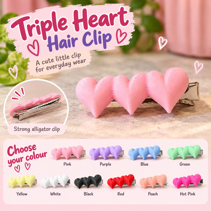 Triple heart crocodile clip with three matching coloured hearts