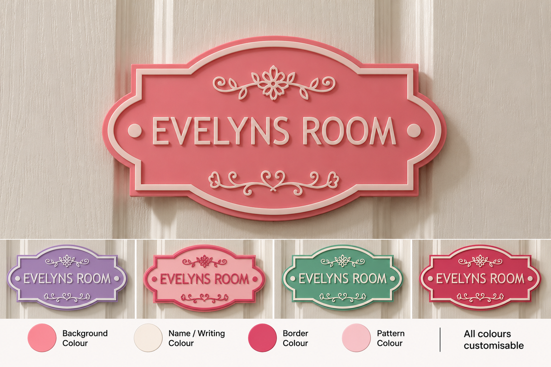 Personalised floral door sign in pink with four alternative colour combinations